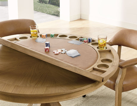 Rylie 48-inch Round Dining Table with Folding Game Top, Natural Finish by Steve Silver at Eve Furniture