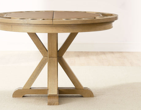 Rylie 48-inch Round Dining Table with Folding Game Top, Natural Finish by Steve Silver at Eve Furniture