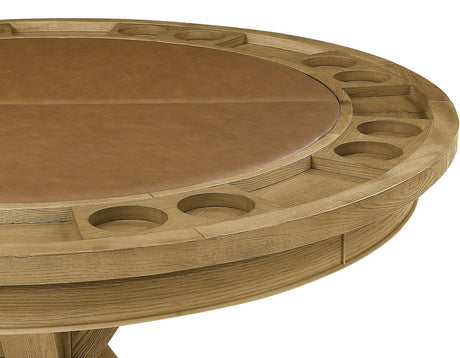 Rylie 48-inch Round Dining Table with Folding Game Top, Natural Finish by Steve Silver at Eve Furniture