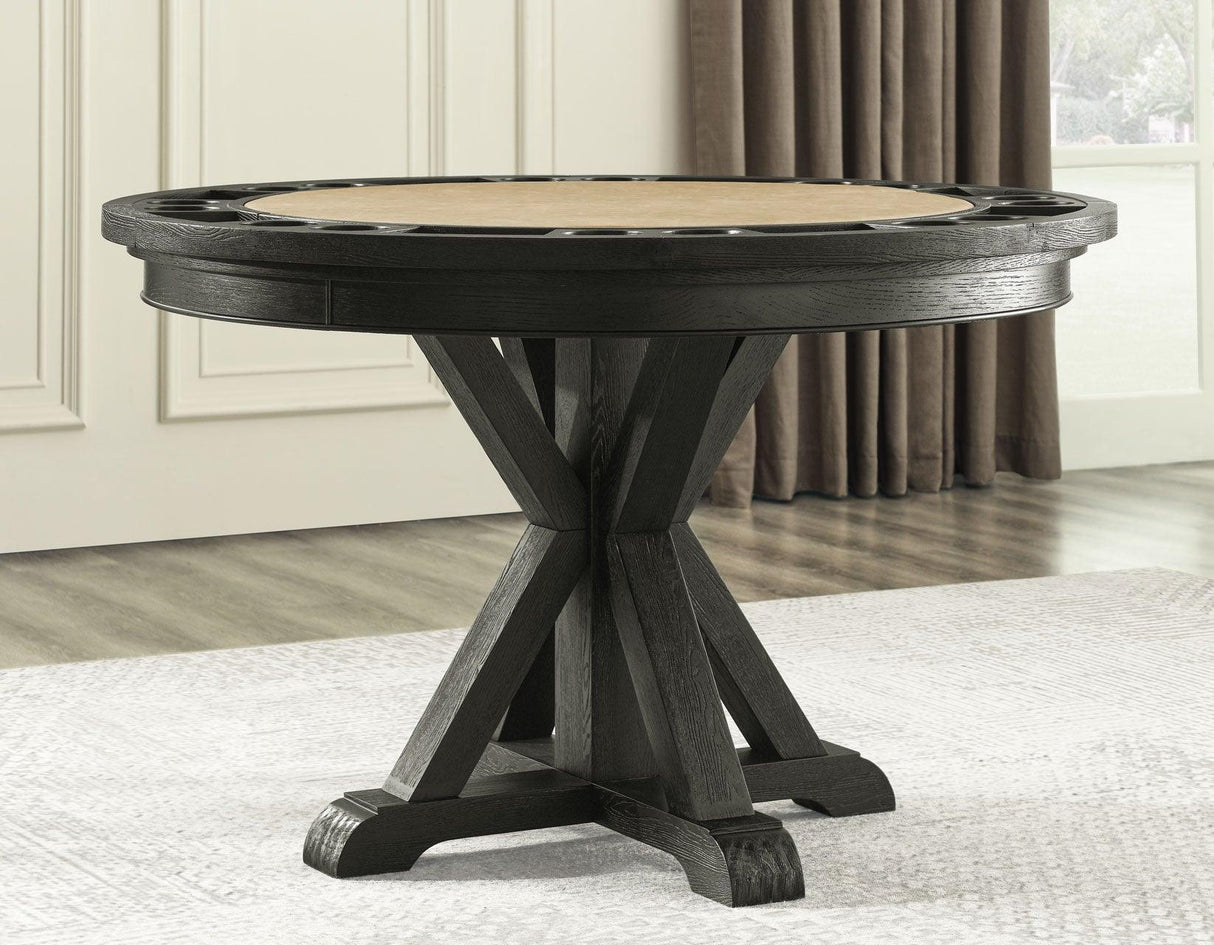 Rylie 48-inch Round Dining Table with Folding Game Top, Black Finish by Steve Silver at Eve Furniture