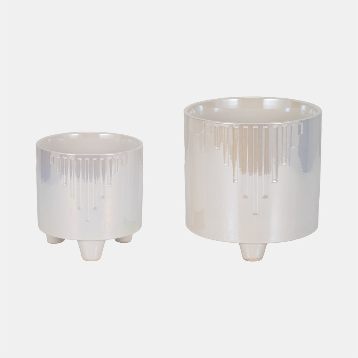 S/2 6/8" Iridescent Line Footed Planters, Ivory