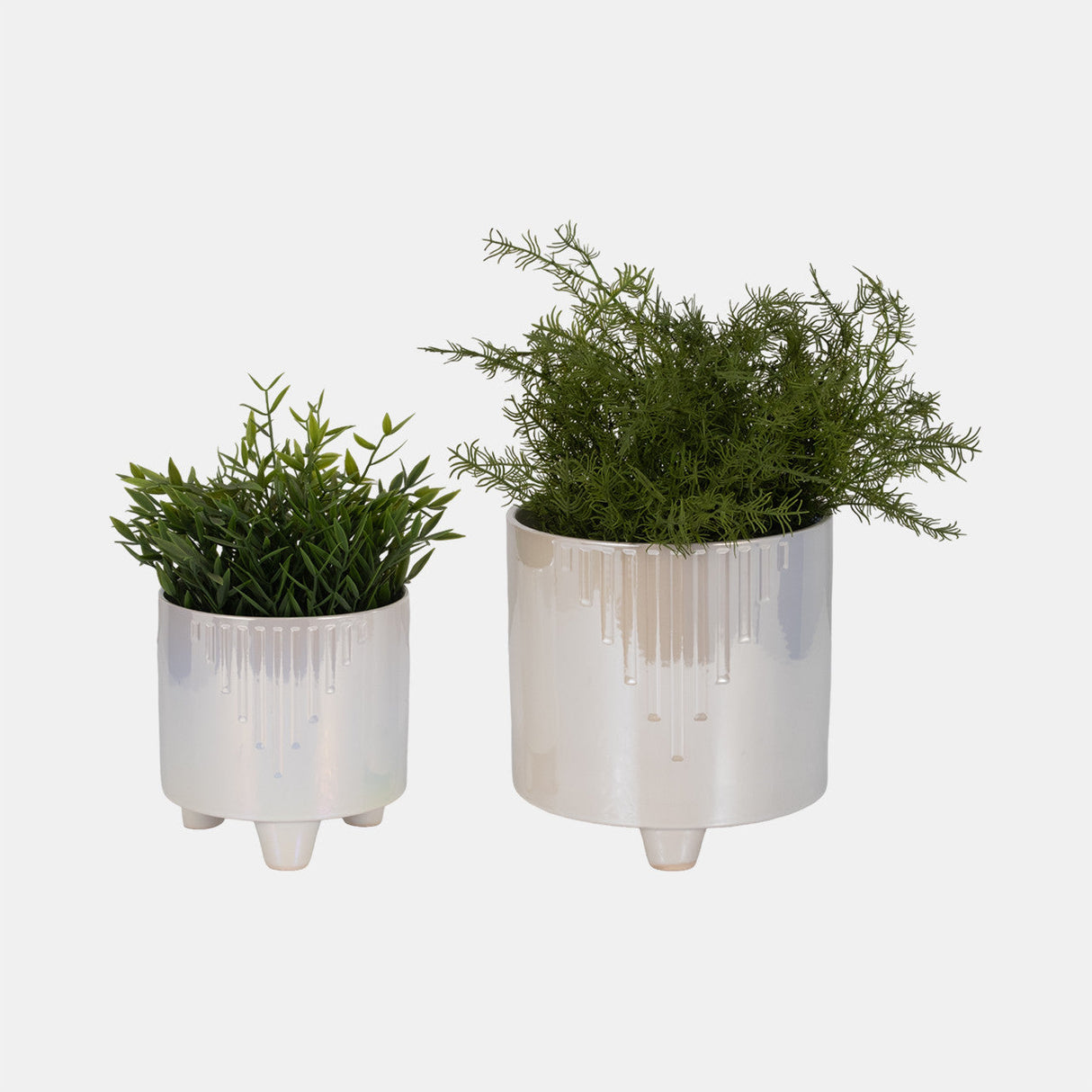 S/2 6/8" Iridescent Line Footed Planters, Ivory