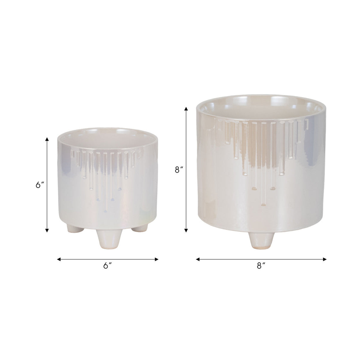 S/2 6/8" Iridescent Line Footed Planters, Ivory