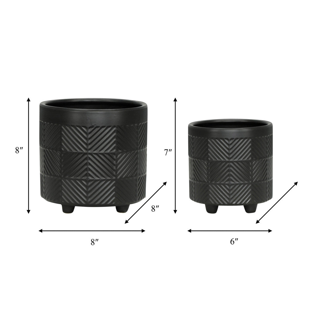 S/2 6/8" Textured Planters, Matte Black