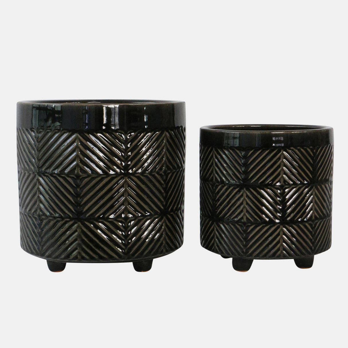 S/2 6/8" Textured Planters, Shiny Black