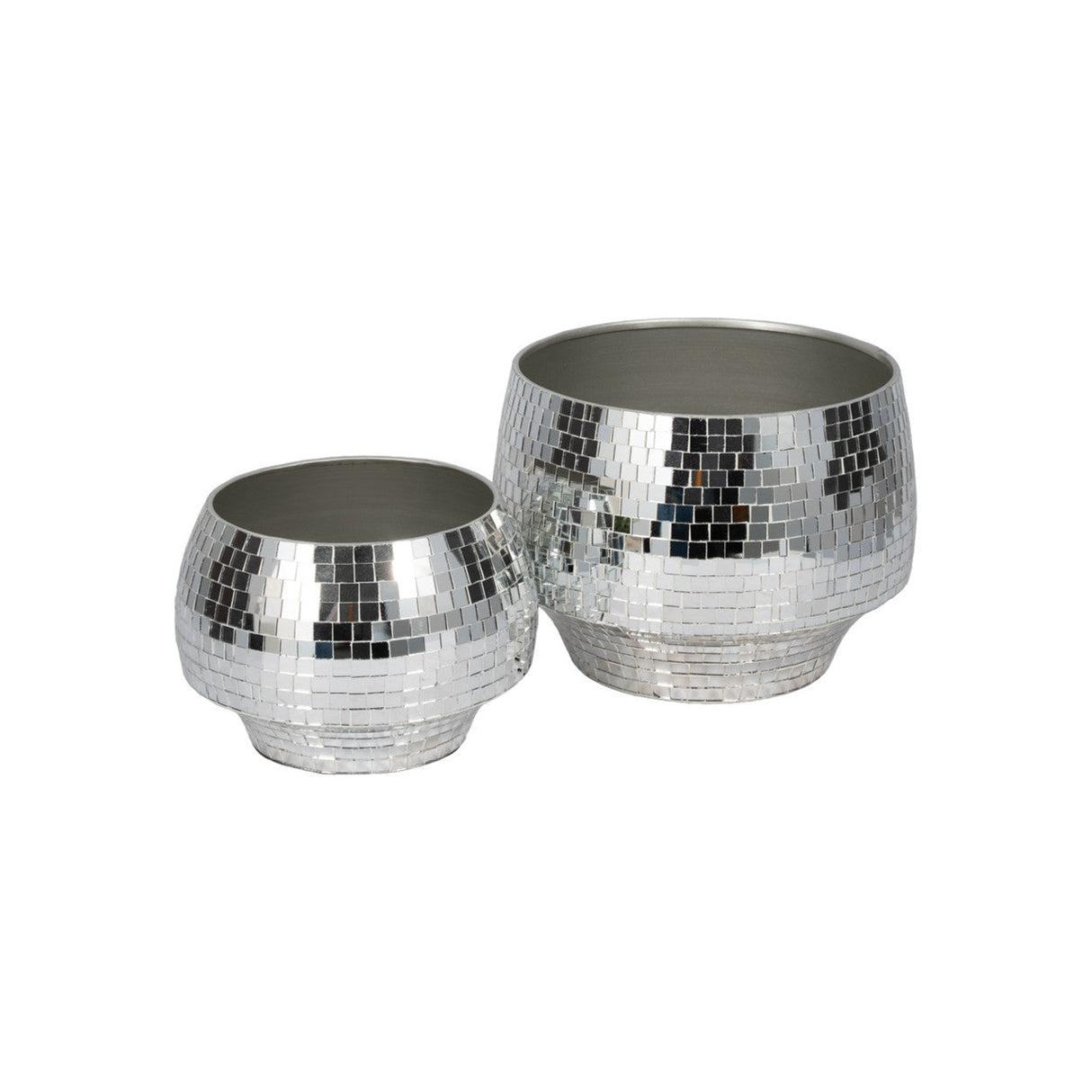 S/2 9/11" Curved Disco Mosaic Planter, Silver