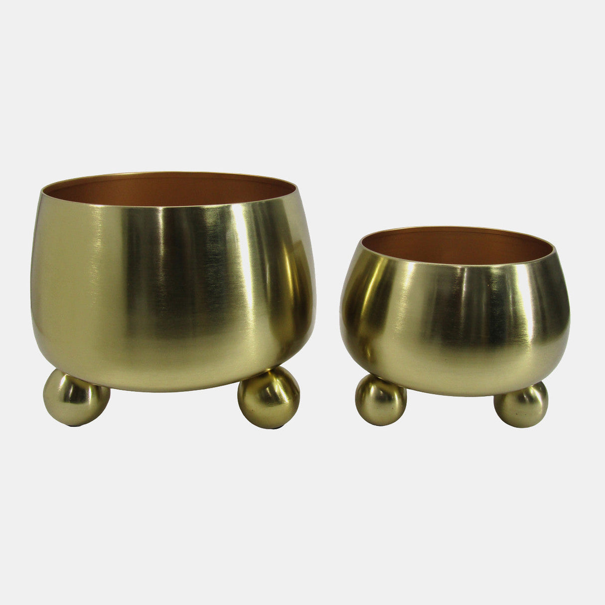 S/2 9/11" Round Metal Planters With Ball Feet, Gld