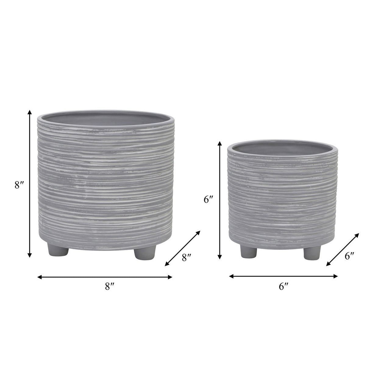 S/2 Footed Planter W/ Lines 6/8", Gray