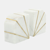 S/2 Marble 5"h Polished Bookends W/gold Inlays,wht