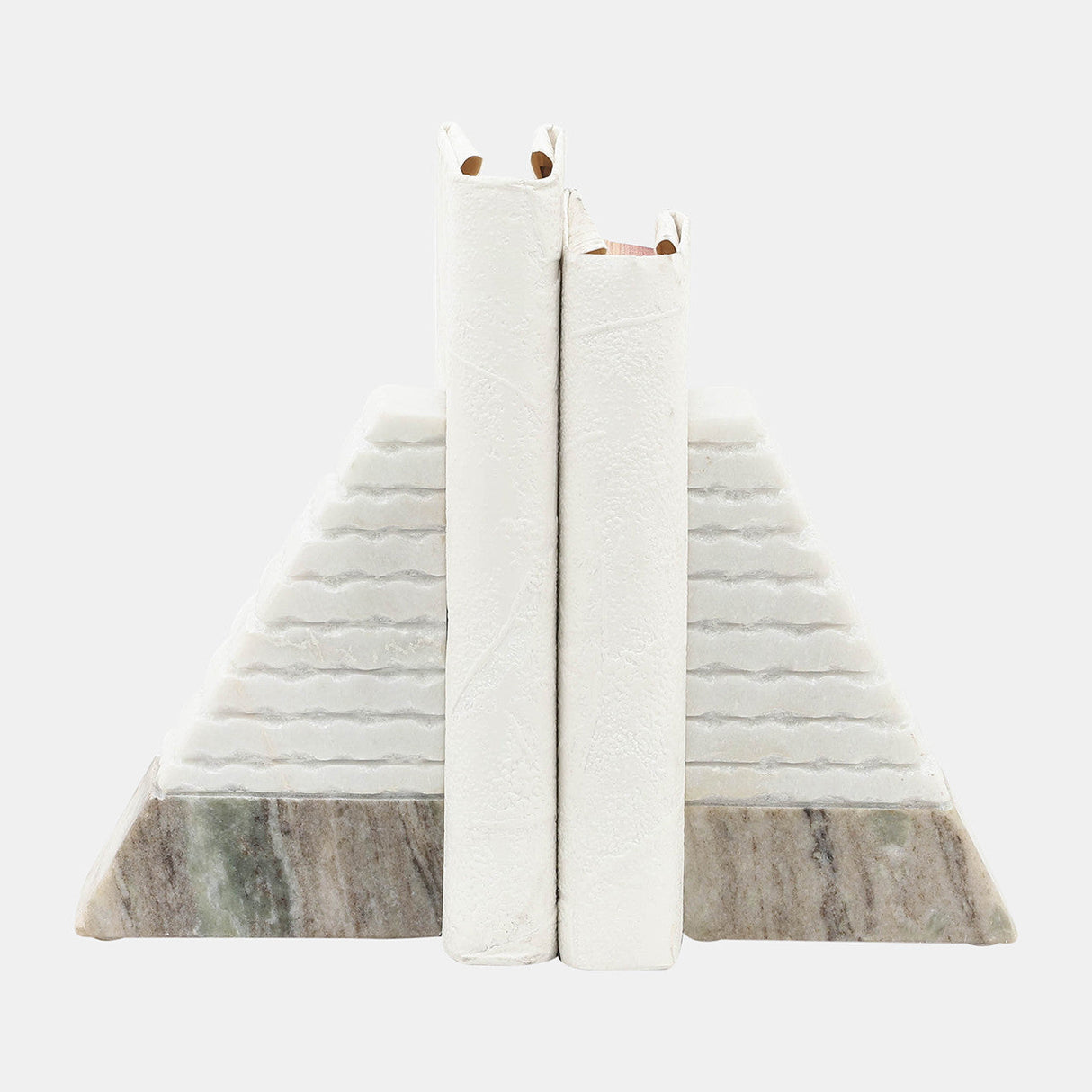 S/2 Marble 6"h Pyramid Bookends, White/onyx