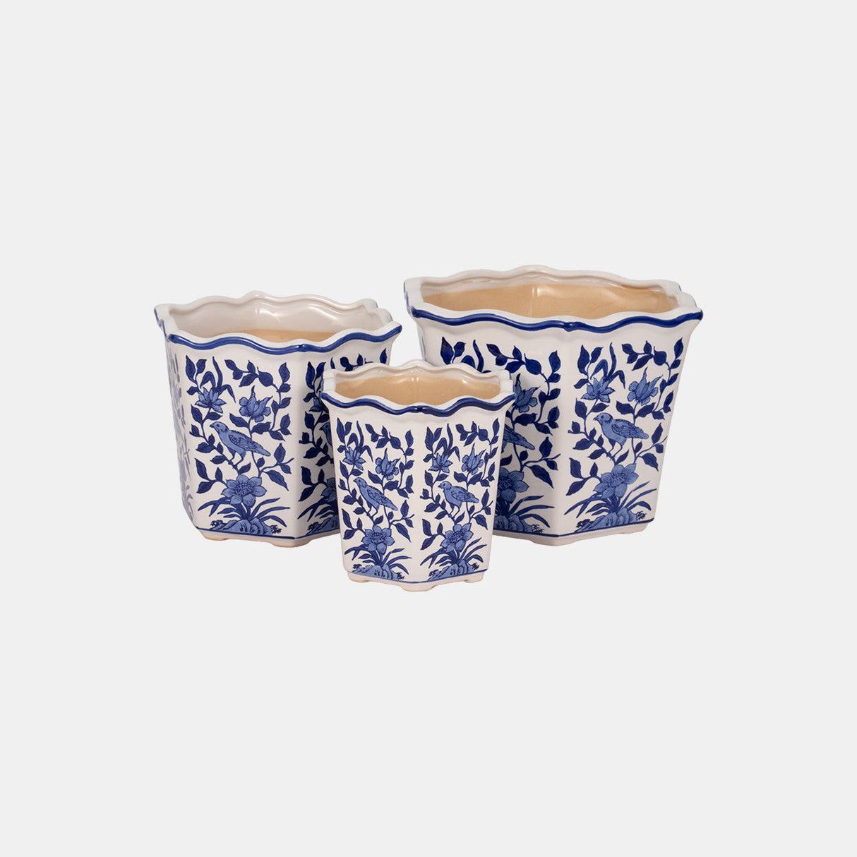 S/3 8/10/12" Chinoiserie Bird Planters, Blue/white