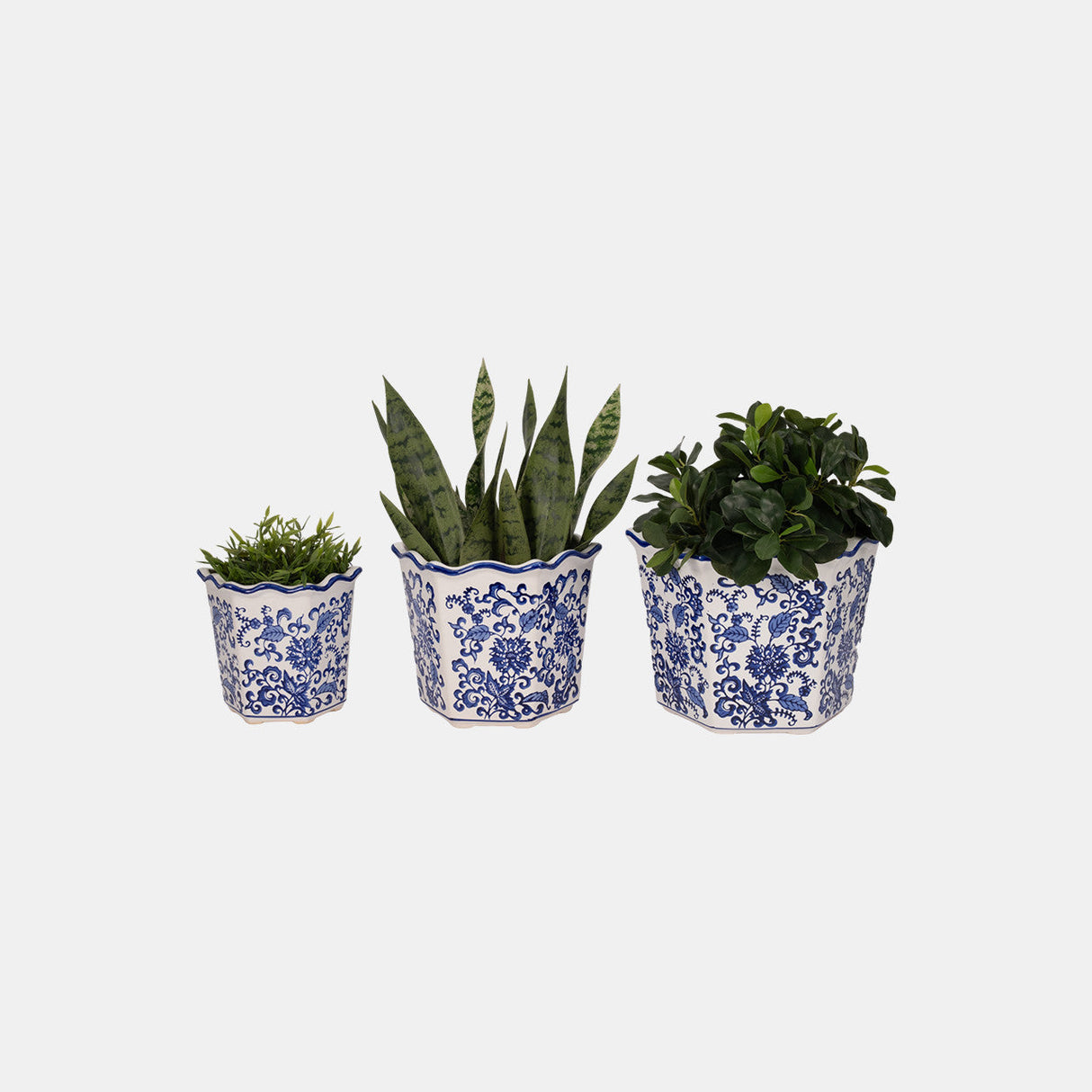 S/3 8/10/12" Chinoiserie Dahlia Planters, Blue/whi