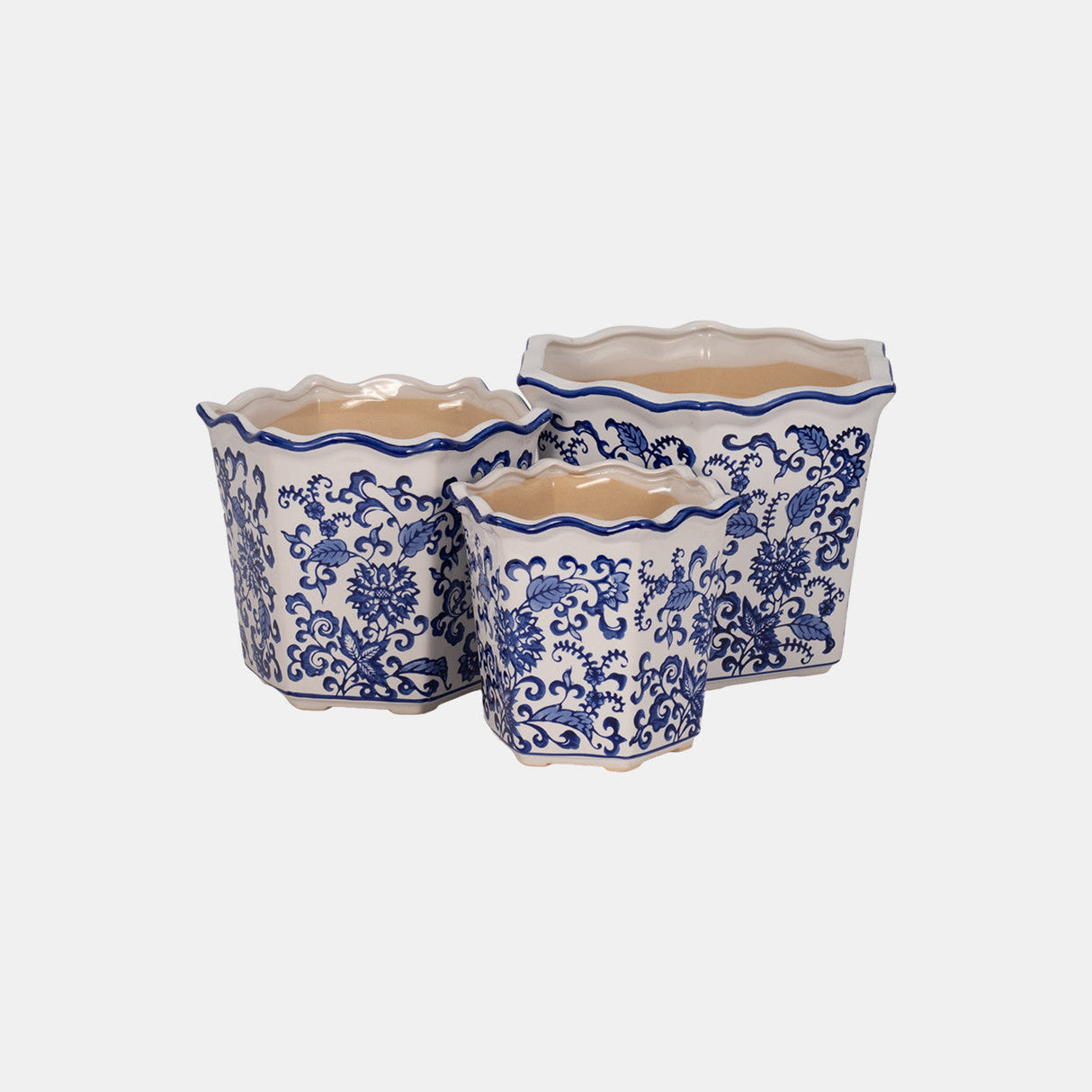 S/3 8/10/12" Chinoiserie Dahlia Planters, Blue/whi