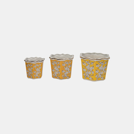 S/3 8/10/12" Chinoiserie Floral Planters, Yellow/w