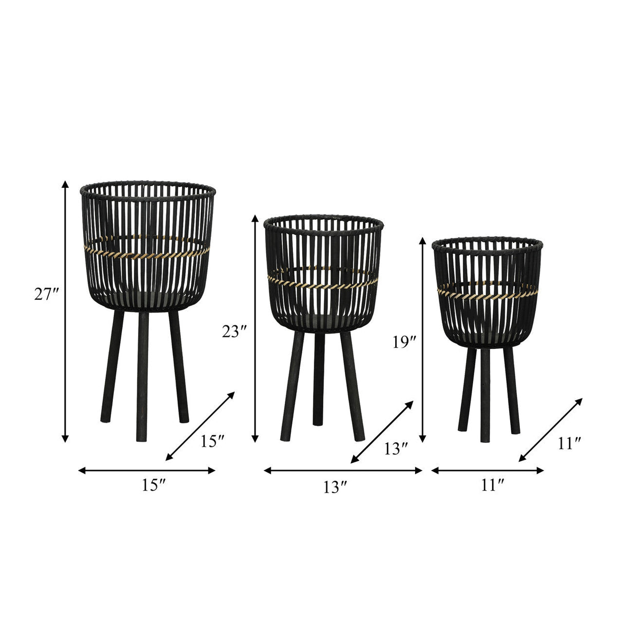 S/3 Bamboo Footed Planters 11/13/15", Black