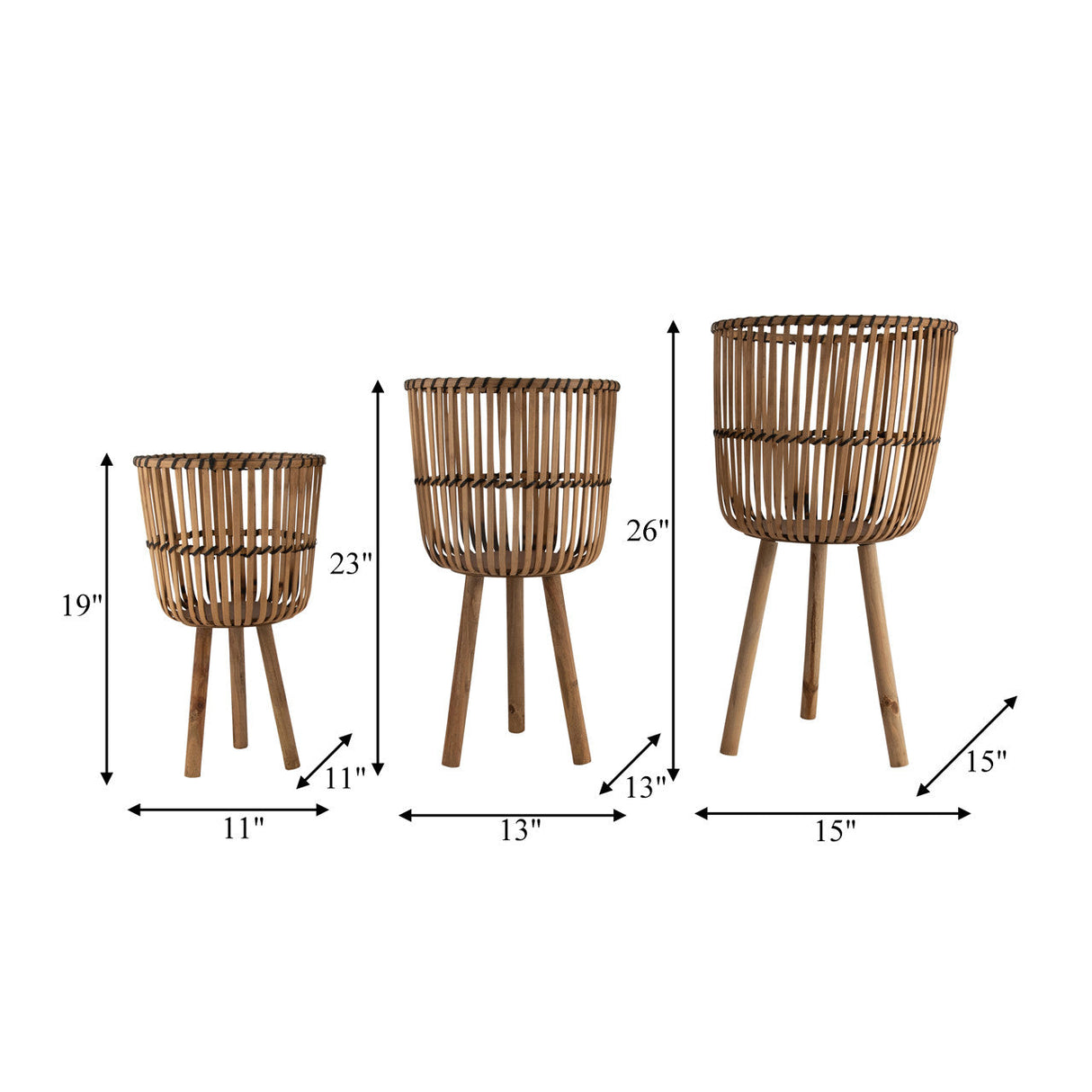 S/3 Bamboo Footed Planters 11/13/15", Natural