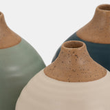 S/3 Matte Bud Vases, Deep Teal/drk Sage/cream