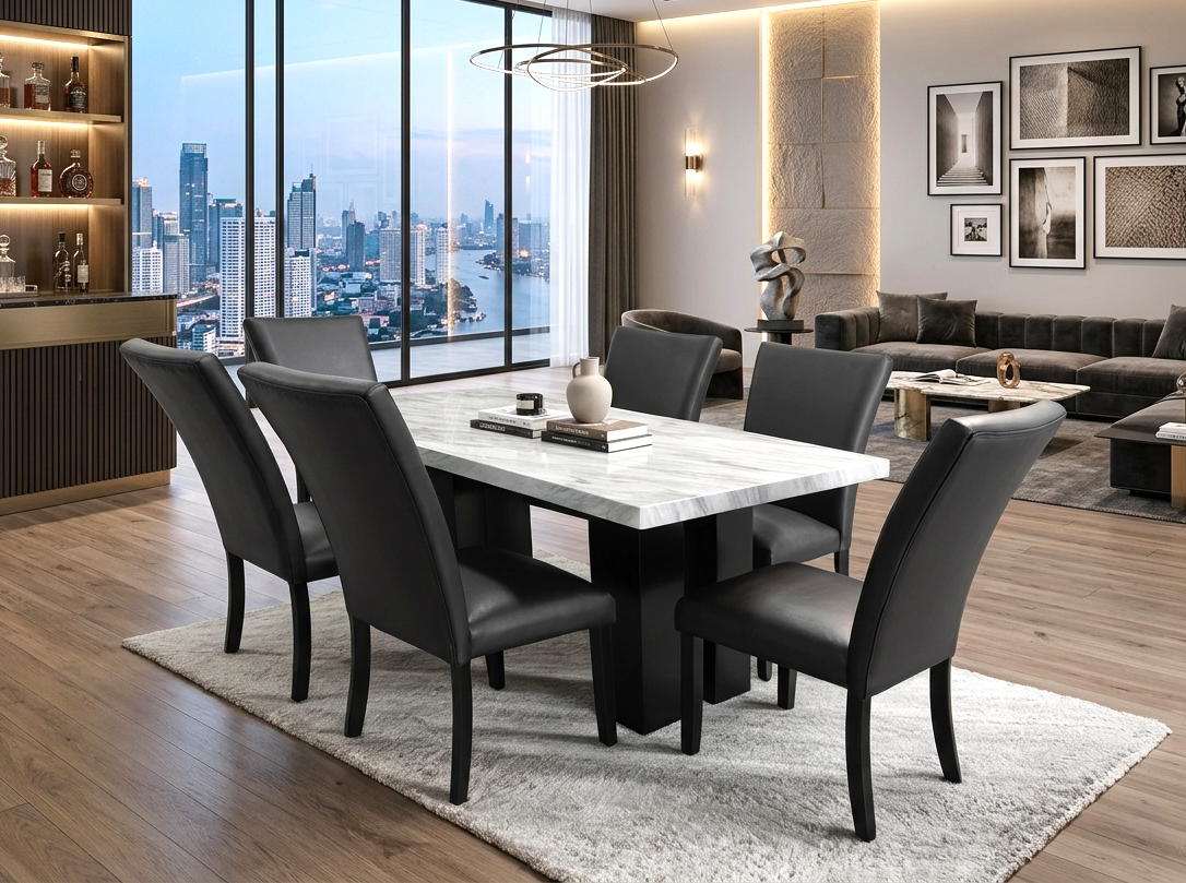 Juego de comedor Oslo de 7 piezas de mármol sintético negro y PU