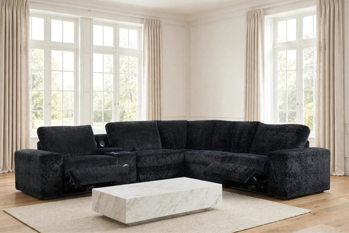 Amelia Black Power Reclining Sectional (w/ Bluetooth Speakers) by Happy Homes at Eve Furniture