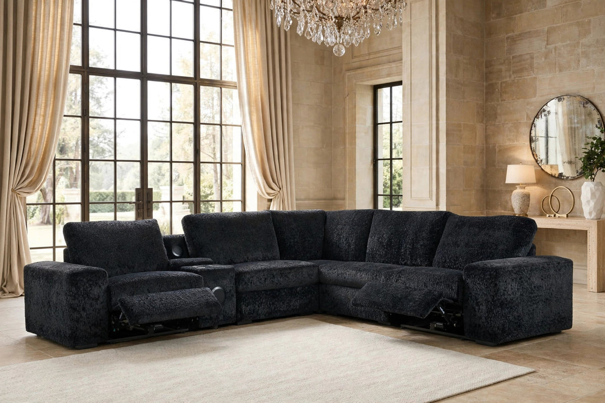 Amelia Black Power Reclining Sectional (w/ Bluetooth Speakers) by Happy Homes at Eve Furniture