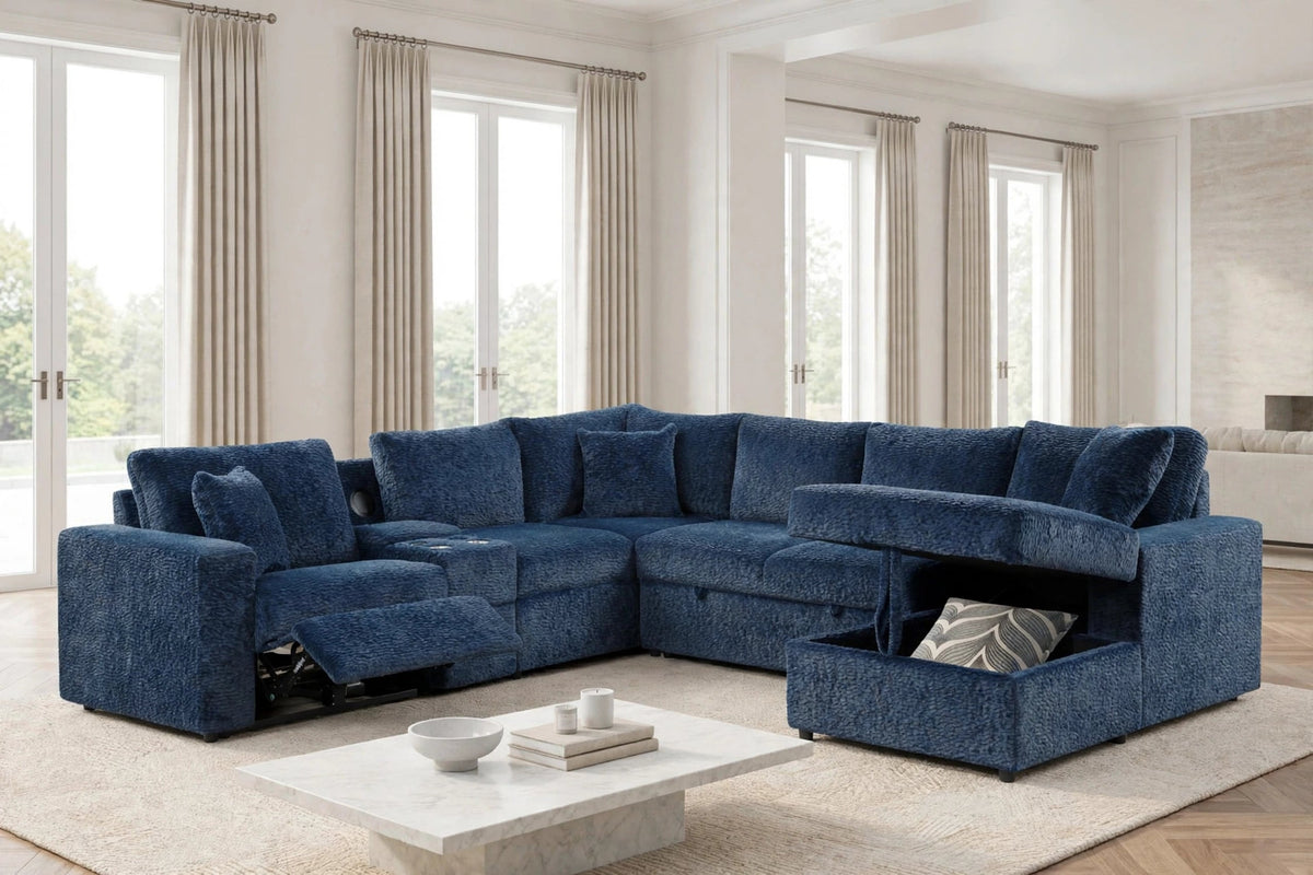 Hunter Blue Sectional with Bluetooth Speaker & Pull-Out Bed by Happy Homes at Eve Furniture