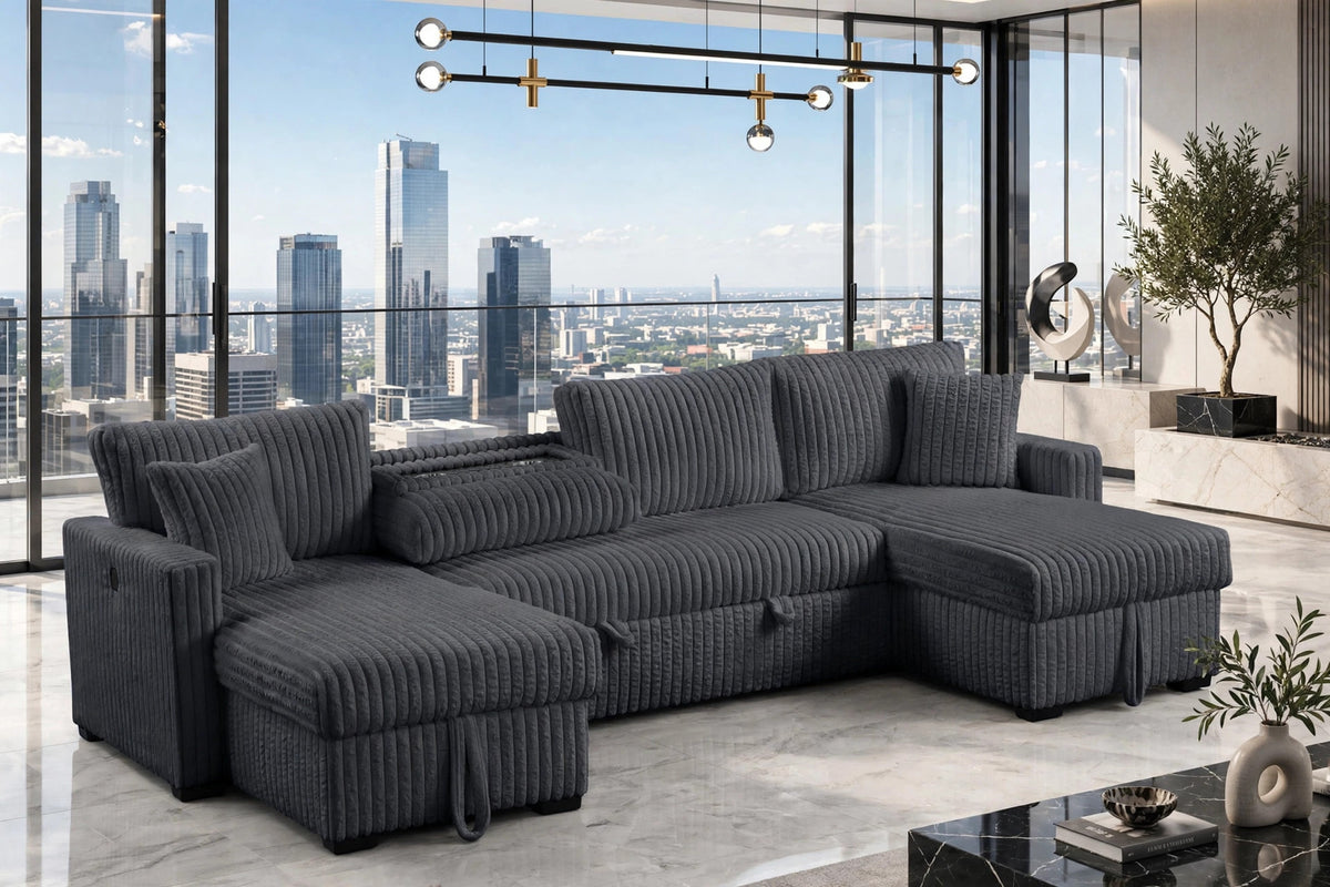 July Charcoal Double Storage Chaise Sectional with Pull Out Bed by Happy Homes at Eve Furniture