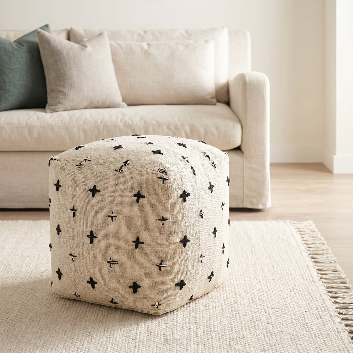 Saanvi Wool w/ Cream and Black Stitched Cross Patterned Pouf by Mercana at Eve Furniture