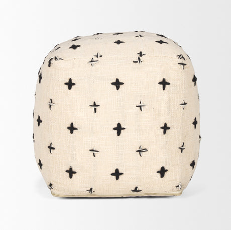 Saanvi Wool w/ Cream and Black Stitched Cross Patterned Pouf by Mercana at Eve Furniture
