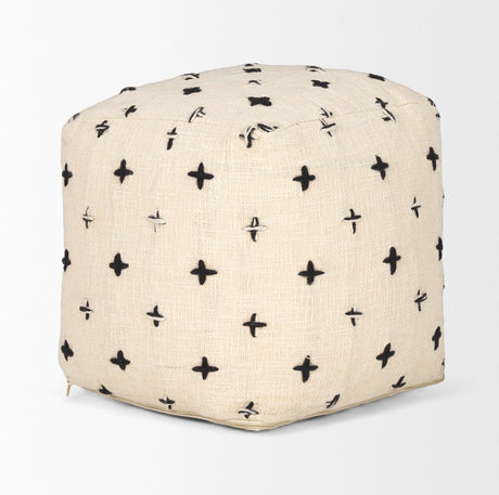 Saanvi Wool w/ Cream and Black Stitched Cross Patterned Pouf by Mercana at Eve Furniture