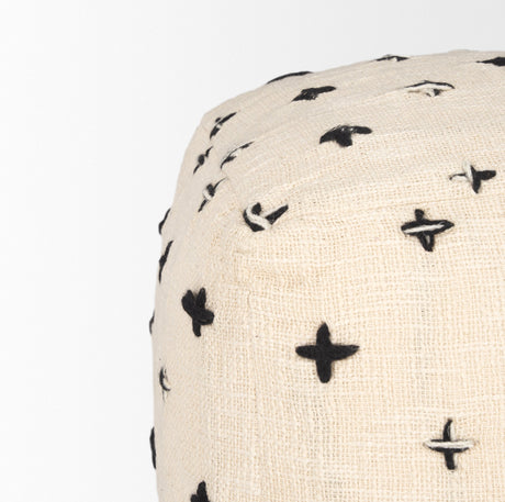 Saanvi Wool w/ Cream and Black Stitched Cross Patterned Pouf by Mercana at Eve Furniture