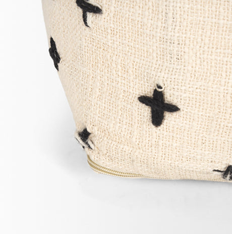 Saanvi Wool w/ Cream and Black Stitched Cross Patterned Pouf by Mercana at Eve Furniture