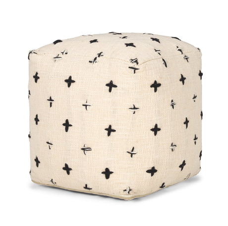 Saanvi Wool w/ Cream and Black Stitched Cross Patterned Pouf by Mercana at Eve Furniture
