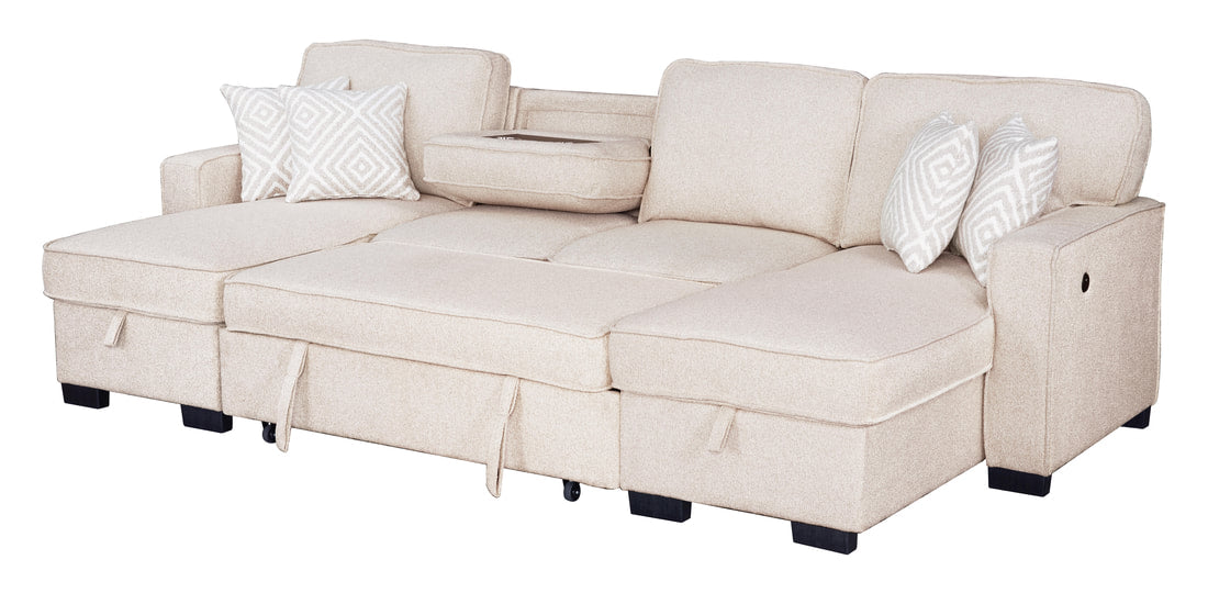 Sahara Beige - Double Storage Chaise Sectional w/ Drop Down Cupholders