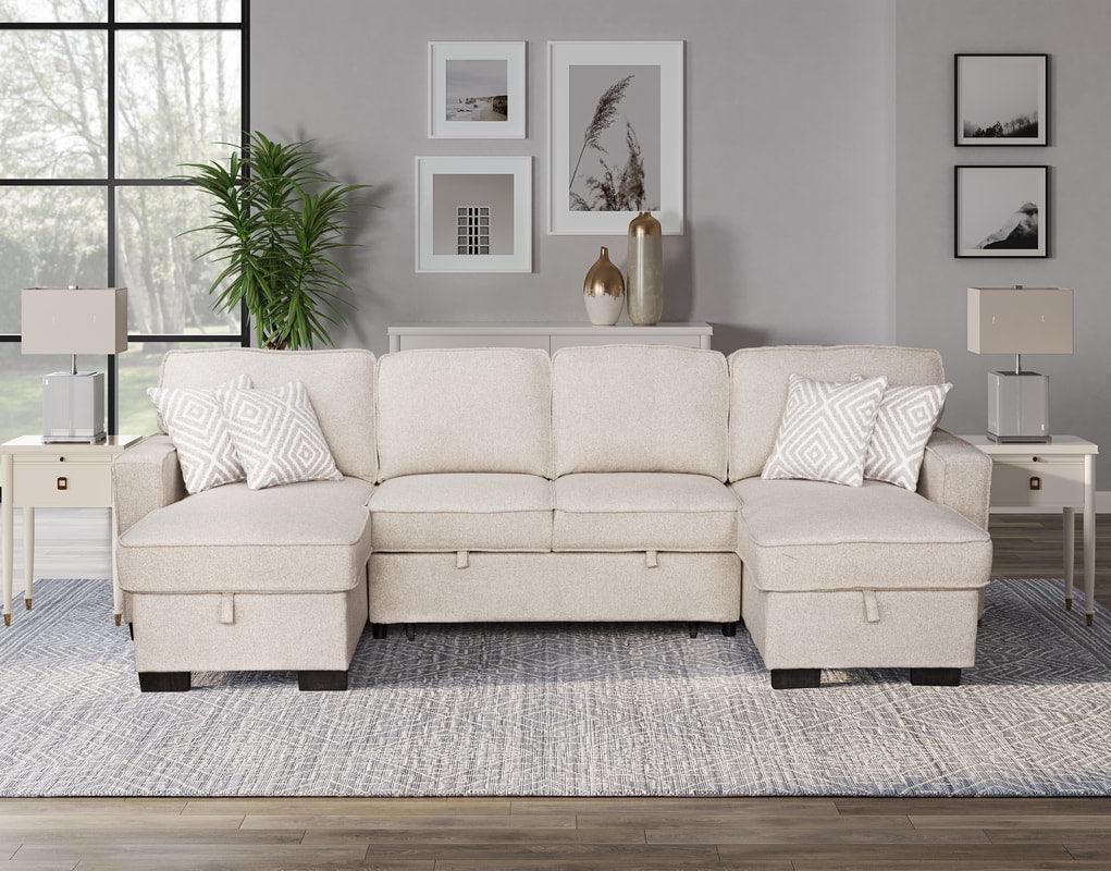 Sahara Beige Double Storage Chaise Sectional w/ Drop Down Cupholders by Happy Homes at Eve Furniture