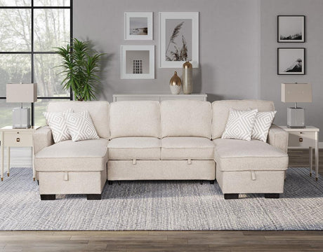 Sahara Beige Double Storage Chaise Sectional w/ Drop Down Cupholders by Happy Homes at Eve Furniture