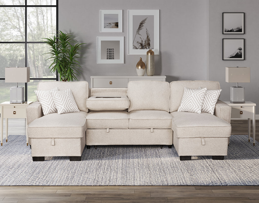 Sahara Beige - Double Storage Chaise Sectional w/ Drop Down Cupholders