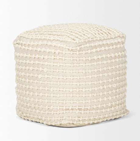 Sakaye Beige w/ Cream Stitched Patterned Pouf by Mercana at Eve Furniture