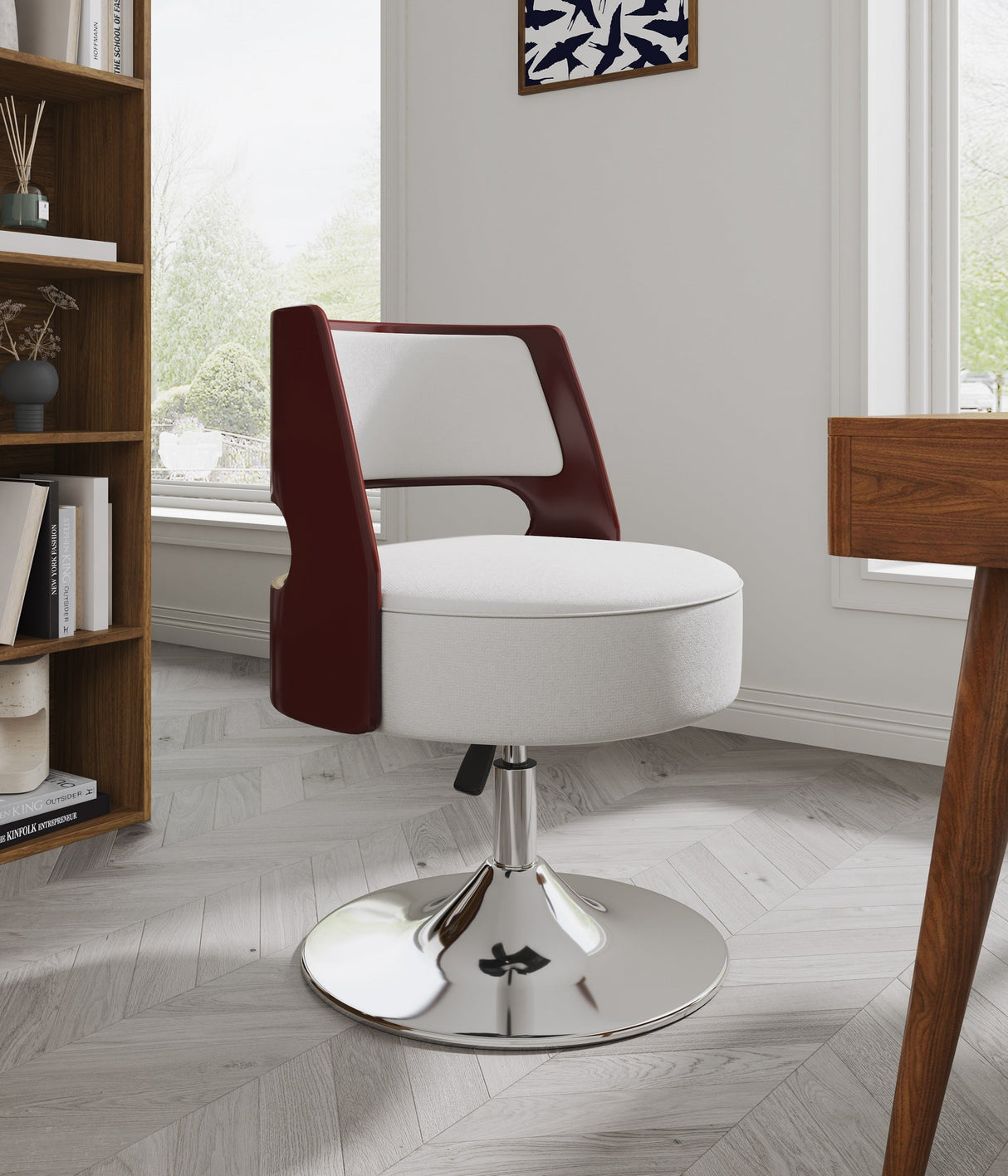 Salon Adjustable Height Swivel Accent Chair in White and Polished Chrome by Manhattan Comfort at Eve Furniture