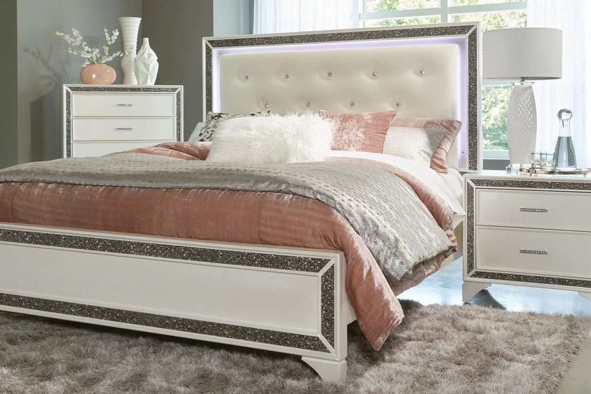 Salon White Queen LED Upholstered Panel Bed by Homelegance at Eve Furniture