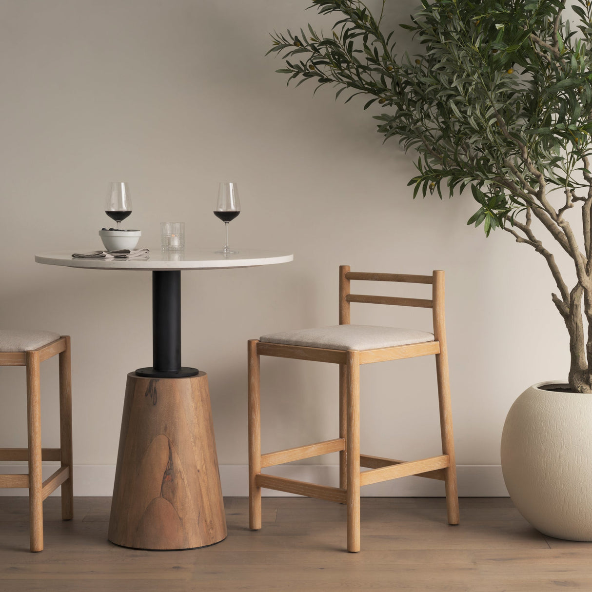 Sam Counter Stool W/ Light Brown Wood Frame and Beige Upholstered Seat by Mercana at Eve Furniture