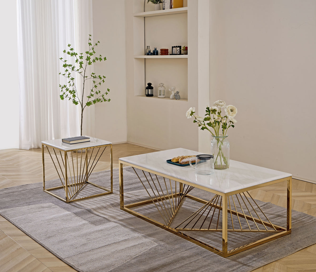 Samira Cream Marble Table Set with Metal Base
