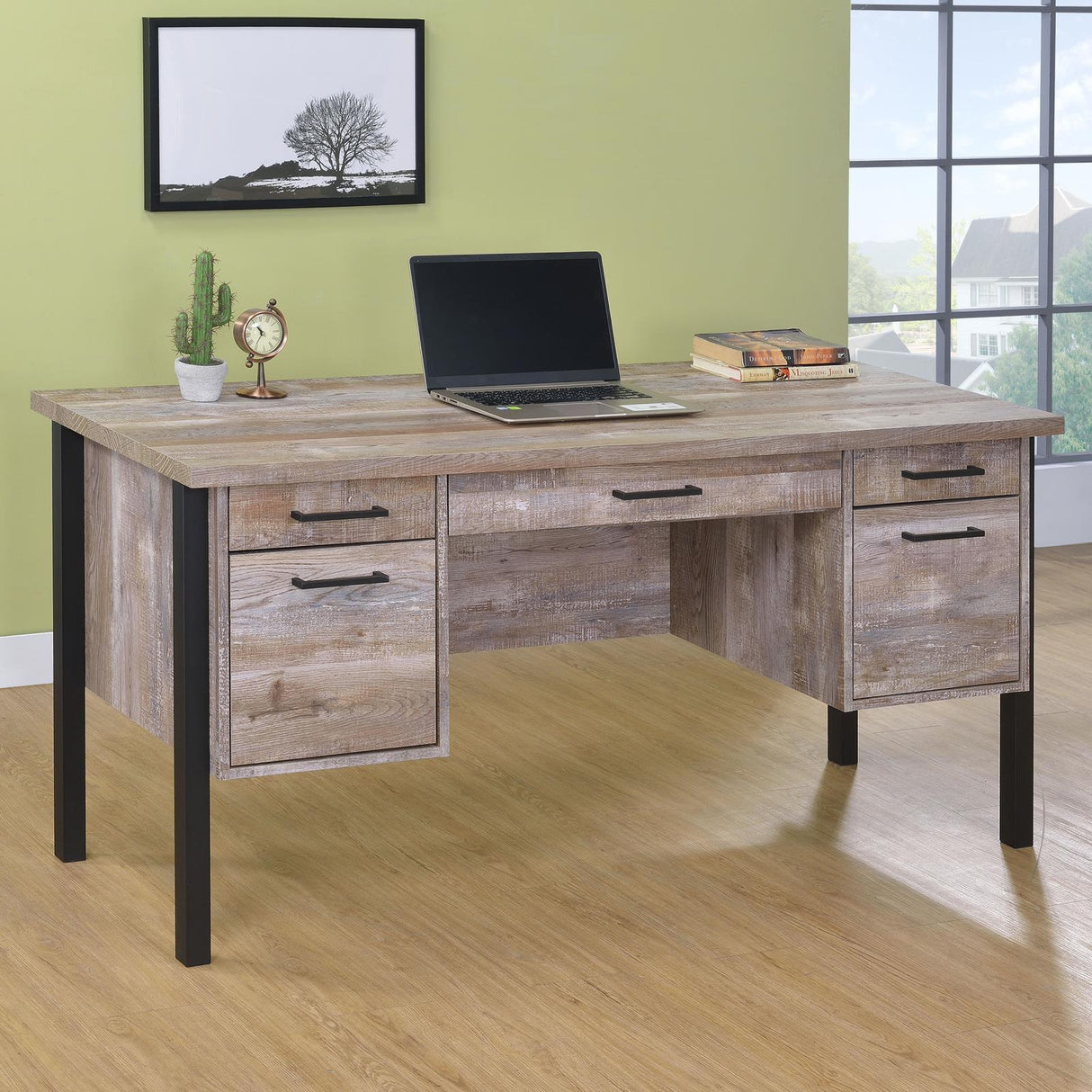Samson Weathered Oak 4-Drawer Office Desk by Coaster at Eve Furniture