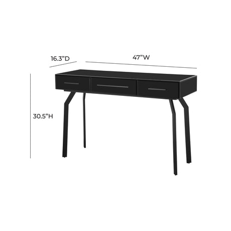 Santana 47" Black Glass 3-Drawer Desk Console Table by TOV Furniture at Eve Furniture
