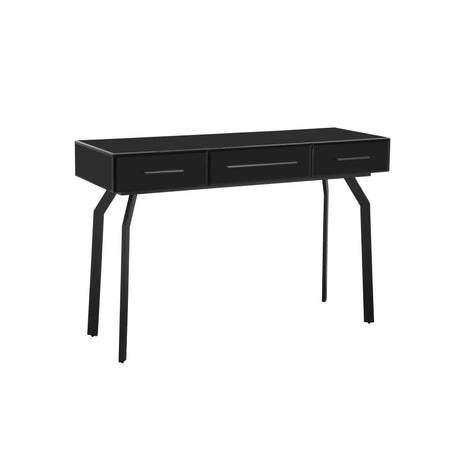 Santana 47" Black Glass 3-Drawer Desk Console Table by TOV Furniture at Eve Furniture