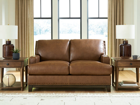Saonara Caramel/Brown Genuine Leather Sofa and Loveseat by Ashley at Eve Furniture