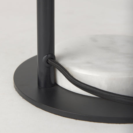Sarah Arched Black Metal W/Marble Cube and White Shade Table Lamp by Mercana at Eve Furniture