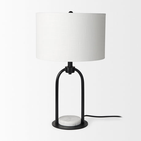 Sarah Arched Black Metal W/Marble Cube and White Shade Table Lamp by Mercana at Eve Furniture
