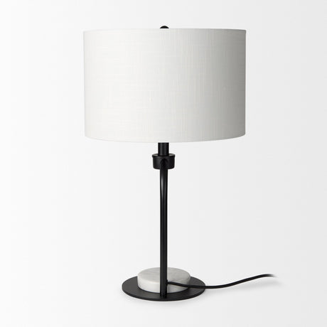 Sarah Arched Black Metal W/Marble Cube and White Shade Table Lamp by Mercana at Eve Furniture