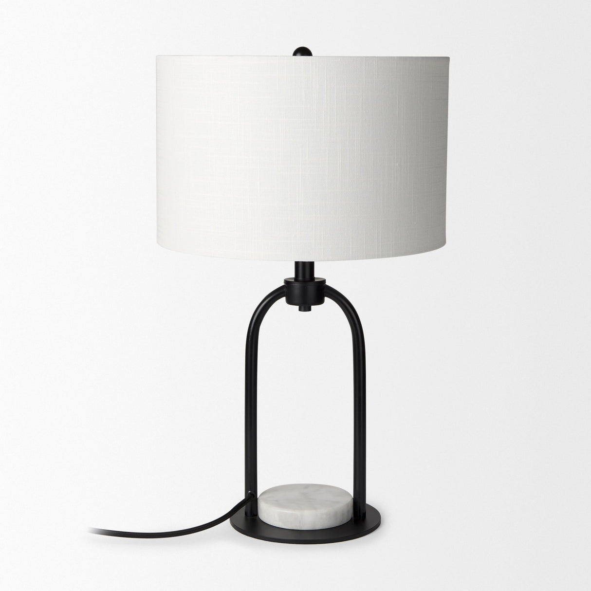Sarah Arched Black Metal W/Marble Cube and White Shade Table Lamp by Mercana at Eve Furniture