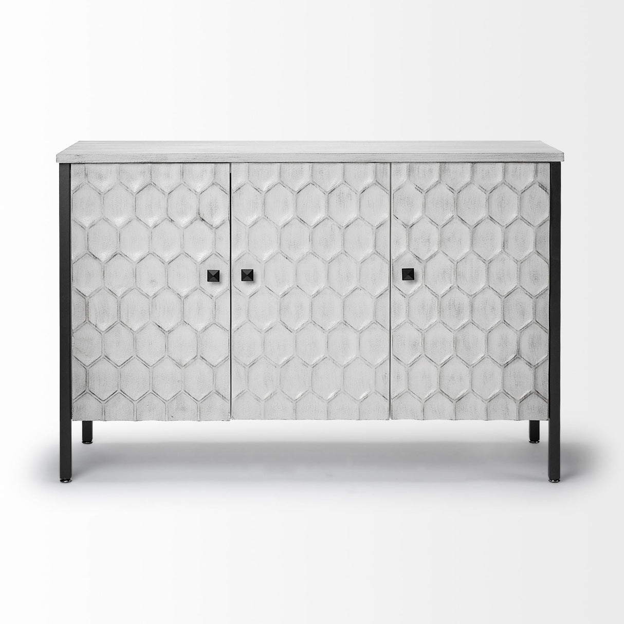 Savannah White Fir Veneer & Gray Metal 3-Door Accent Cabinet by Mercana at Eve Furniture